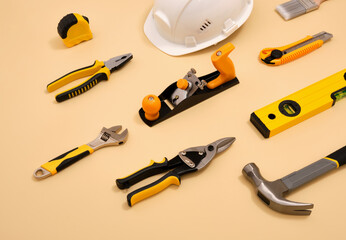 DIY construction tools. Instruments and equipment. Carpenter tools for construction in a workshop.
