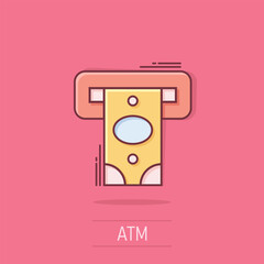 Money ATM icon in comic style. Exchange cash cartoon vector illustration on isolated background. Banknote bill splash effect business concept.