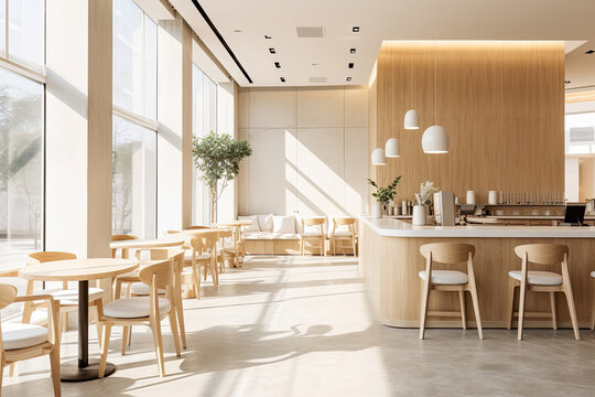 Interior design of cafe with wooden vintage style, decorated with warm and cozy tones, relaxing tones with classic old wood round corner counter and coffee machinery.