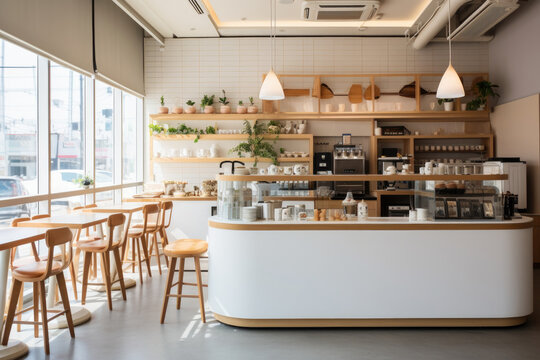 Interior design of cafe with wooden vintage style, decorated with warm and cozy tones, relaxing tones with classic old wood round corner counter and coffee machinery.