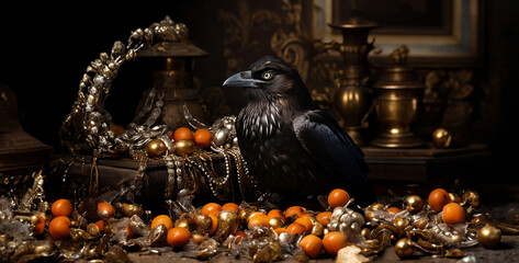 Curious Crow Posing With Shiny Trinkets Capture the curious nature of a crow as it poses proudly with a collection of shiny trinkets and baubles, its glossy black feathers shimmering in the sunlight