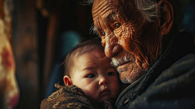 60 Year Old Old Man Holding A Baby In His Arms, Cute Face, Emotional Photo