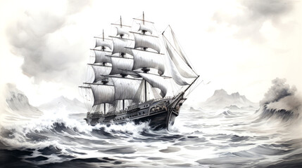 Pirate ship at sea. Black and white pencil drawing	
