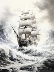 Pirate ship at sea. Black and white pencil drawing	 - 738025766
