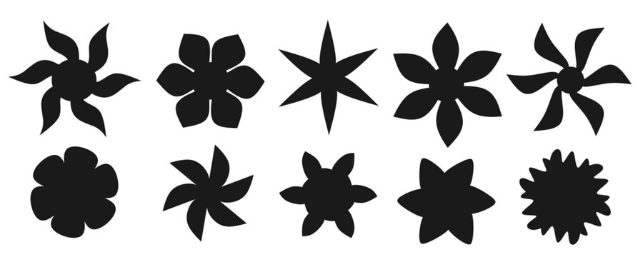 set of silhouettes of flowers black and white isolated 