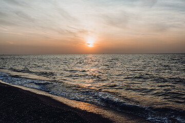 beautiful evening landscape on the sea. sunset of the setting sun. the sun disappeared behind the horizon of the sea.Turkey Mediterranean Sea