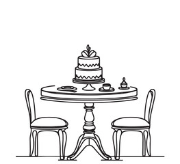 Table with cake and coffee. Table with chair sketch