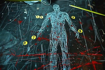 Forensic Investigation Murder Crime Scene with Chalk Outline and Evidence Markers - 3D Illustration