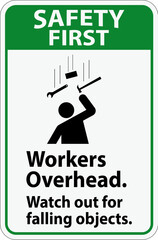 Safety First Falling Debris Sign, Workers Overhead Falling Objects