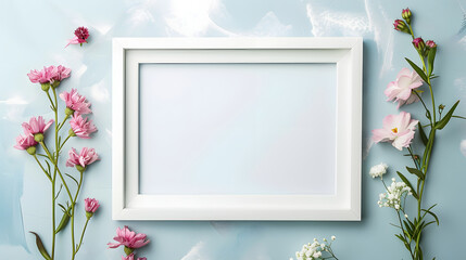 Fresh Spring Floral Arrangement Beside White Frame Mockup on Light Blue Background
