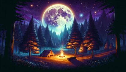 Enchanted Night Camping Under a Giant Moon in a Purple Forest