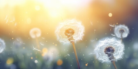  dandelions in a grass with green bokeh