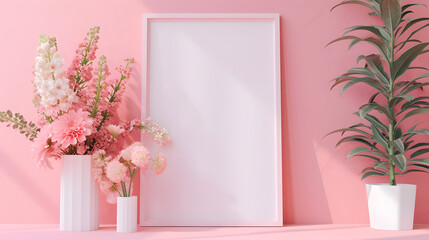 Modern White Frame Mockup with Pink Floral Arrangement on Pastel Background