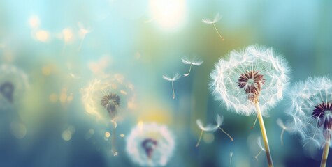  dandelions in a grass with green bokeh
