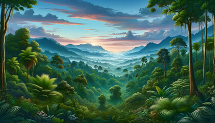 Fototapeta na wymiar Majestic Sunrise Over Lush Tropical Rainforest Canopy