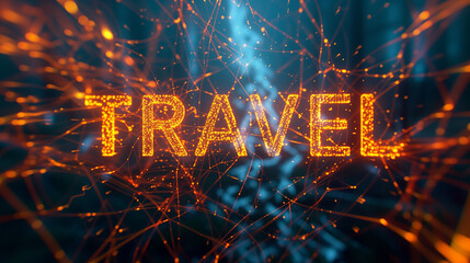 Fototapeta na wymiar Illuminated TRAVEL Text sign in Fiery Digital Network - Concept Art