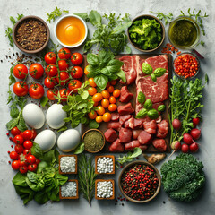A variety of meats, fresh fruits and vegetables. Useful food