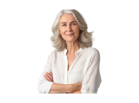 Full length of smiling attractive beautiful lady in white dotted blouse holding hands crossed looking camera