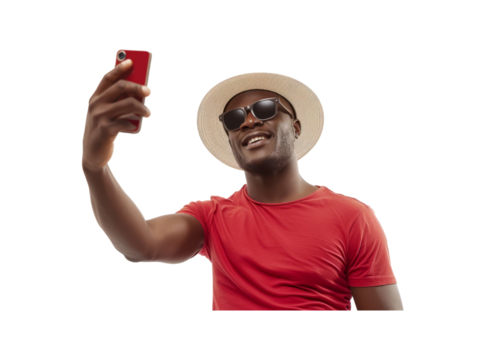 traveler black man wear t-shirt hat do selfie shot on mobile cell phone