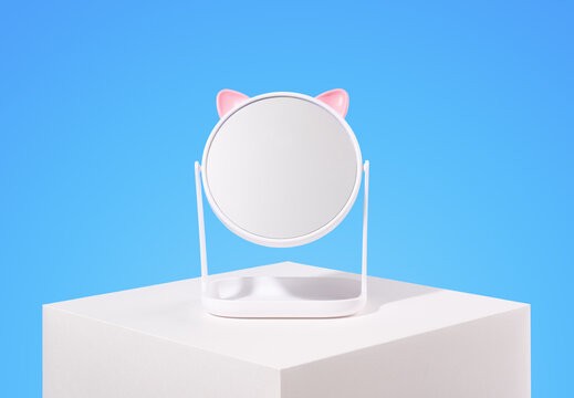 Round grooming mirror. Beauty and care products.