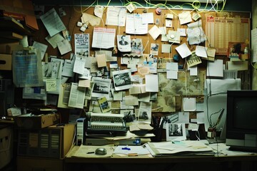 investigation paper cutting pasted on bord like a spy analysis on wall or bord detective analysis