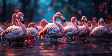 group of flamingos, Fascinating Flamingo Flock in Lagoon Showcase the vibrant colors of a flock of flamingos as they gather in a shallow lagoon, their pink feathers reflecting in the still waters as t