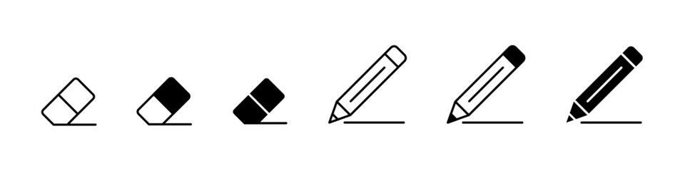 Eraser, pencil set icons. Write, draw, erase set vector icons, symbol. Pencil, eraser icons
