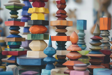 stacks of balanced colored wooden, Colorful wooden toys in a shop, closeup of photo.
