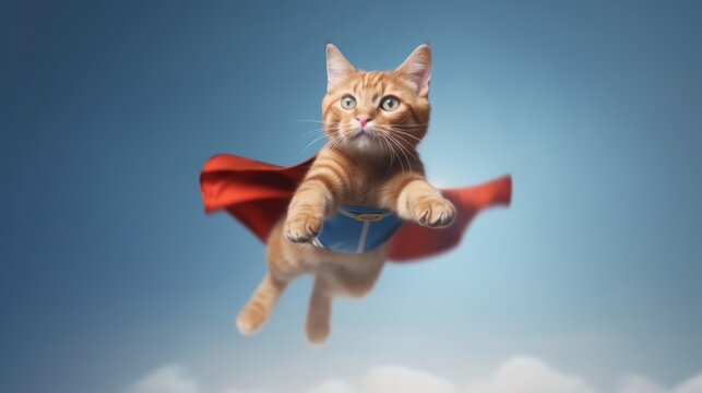 A cat in a superhero costume with a superman costume.