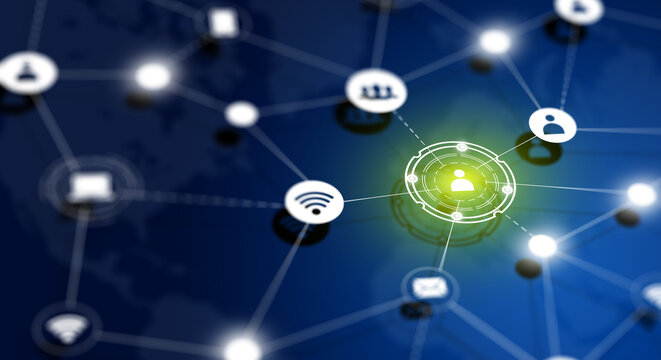 DOF image of Wireless Communication Network with World map background. Global Social networking connection concept. 
