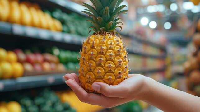 Hand holding pineapple in supermarket, blur background. buying fruit in a store