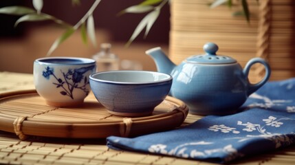 Tableware for tea ceremony . Blue tea set pottery on bamboo napkin.