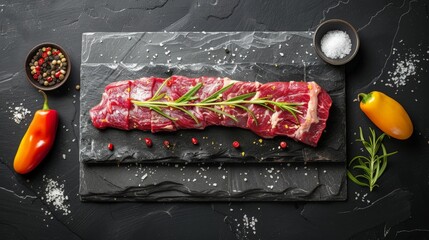 Barbecue aged Wagyu Tagliata di Manzo with Sweet Peppers as close-up on slate - obrazy, fototapety, plakaty