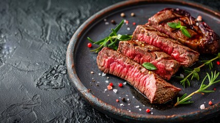 Barbecue dry aged wagyu porterhouse beef steak sliced with large fillet piece with herbs and red salt as top view on a modern design rustic plate with copy space left