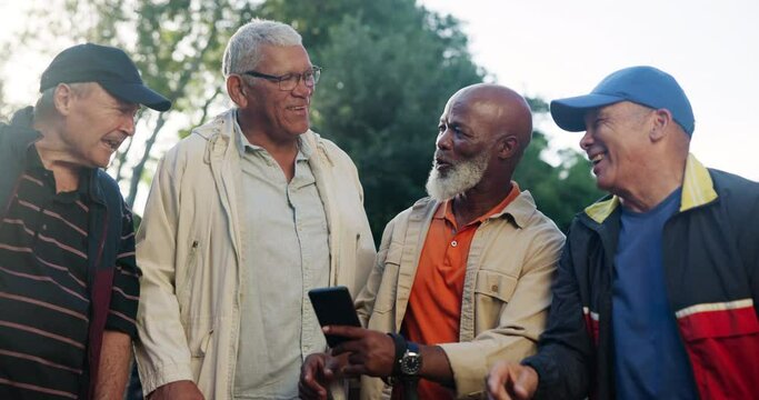 Senior men, phone and hiking with group for direction, pointing and search for location with solution. People, elderly friends and lost with smartphone for digital map, app and helping in retirement