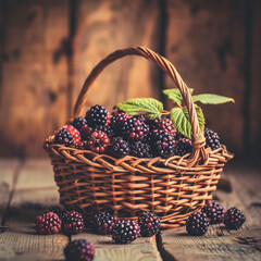 Fototapeta na wymiar Rustic Harvest: Woven Basket Full of Freshly Picked Blackberries with Green Leaves on a Wooden Table for Healthy Eating, Organic Farming, or Homemade Preserves in High Resolution