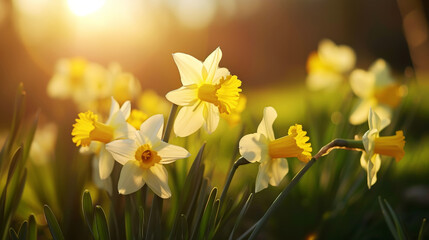 Close-up of yellow daffodil flowers blooming in spring. Bokeh sunny background. Spring landscape concept. Generative AI