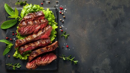 Barbecue wagyu point steak slices with lettuce and herbs as top view on a board with copy space