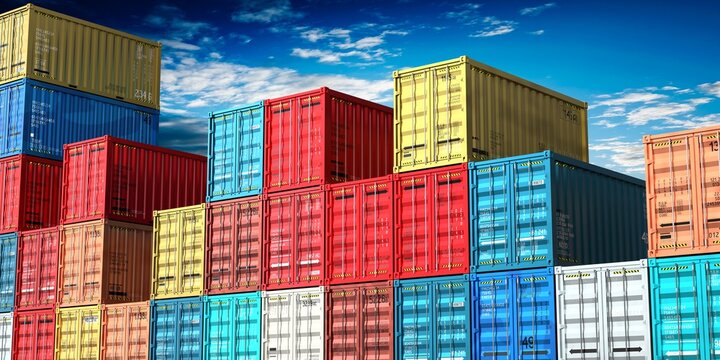 Many colorful shipping cargo containers - 3D illustration