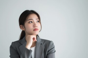 考えているの日本人の女性会社員のポートレート（白背景・サラリーマン・スーツ・若手・新人・新入社員）