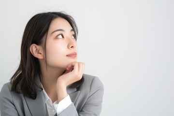 考えているの日本人の女性会社員のポートレート（白背景・サラリーマン・スーツ・若手・新人・新入社員）