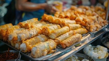 deep fried spring rolls, Por Pieer Tod or Fried spring rolls (Thai Spring Roll) Snacks and snacks that are popular with Thai and Chinese people