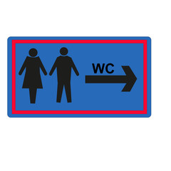 Panneau rectangulaire sur fond bleu avec bordure rouge et texte wc avec flèche directionnelle indiquant des toilettes	