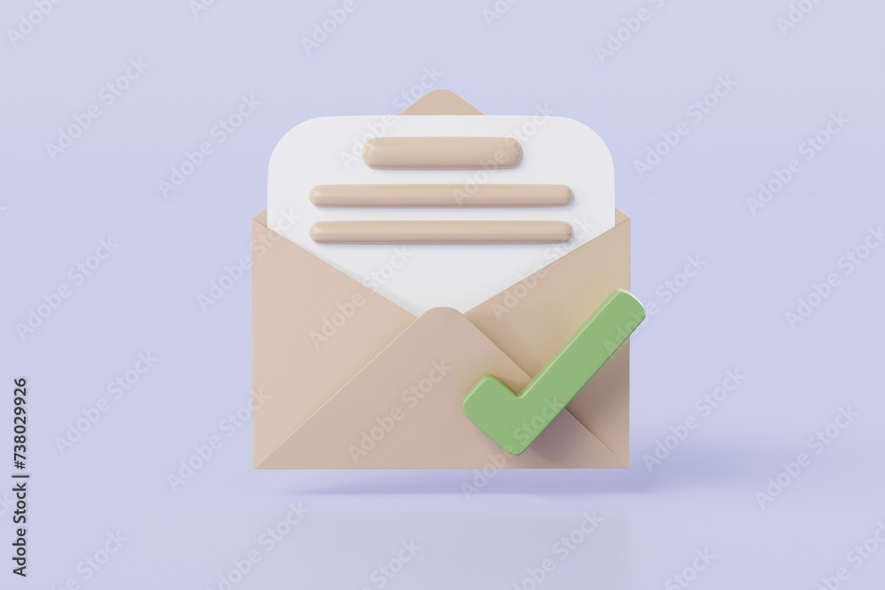 Poster 3d brown letter with checklist in envelope completed icon element. minimal email envelope with check
