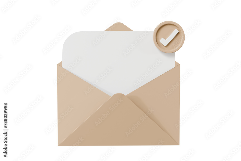 Poster 3d brown letter with checklist in envelope completed icon element. minimal email envelope with check