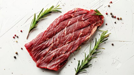 Flank Steak isolated on white background, Australian wagyu beef,steak,beefsteak, beef isolated. Top view