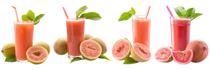 Fresh guava juice and guava fruits isolated on transparent background