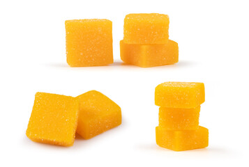 Dried and candied mango cubes on white. Set or collection, vegan, vegetarian food concept