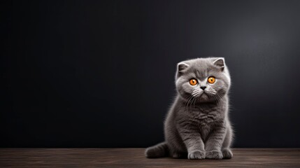 Scottish Fold cat on a dark background, copy space, realistic - generative ai