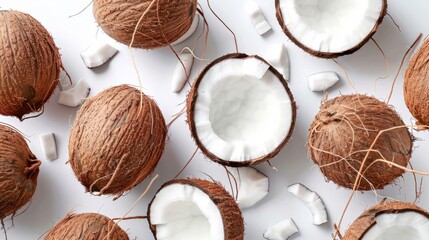 Fresh young coconuts on a white background, creative flat lay healthy food concept - obrazy, fototapety, plakaty